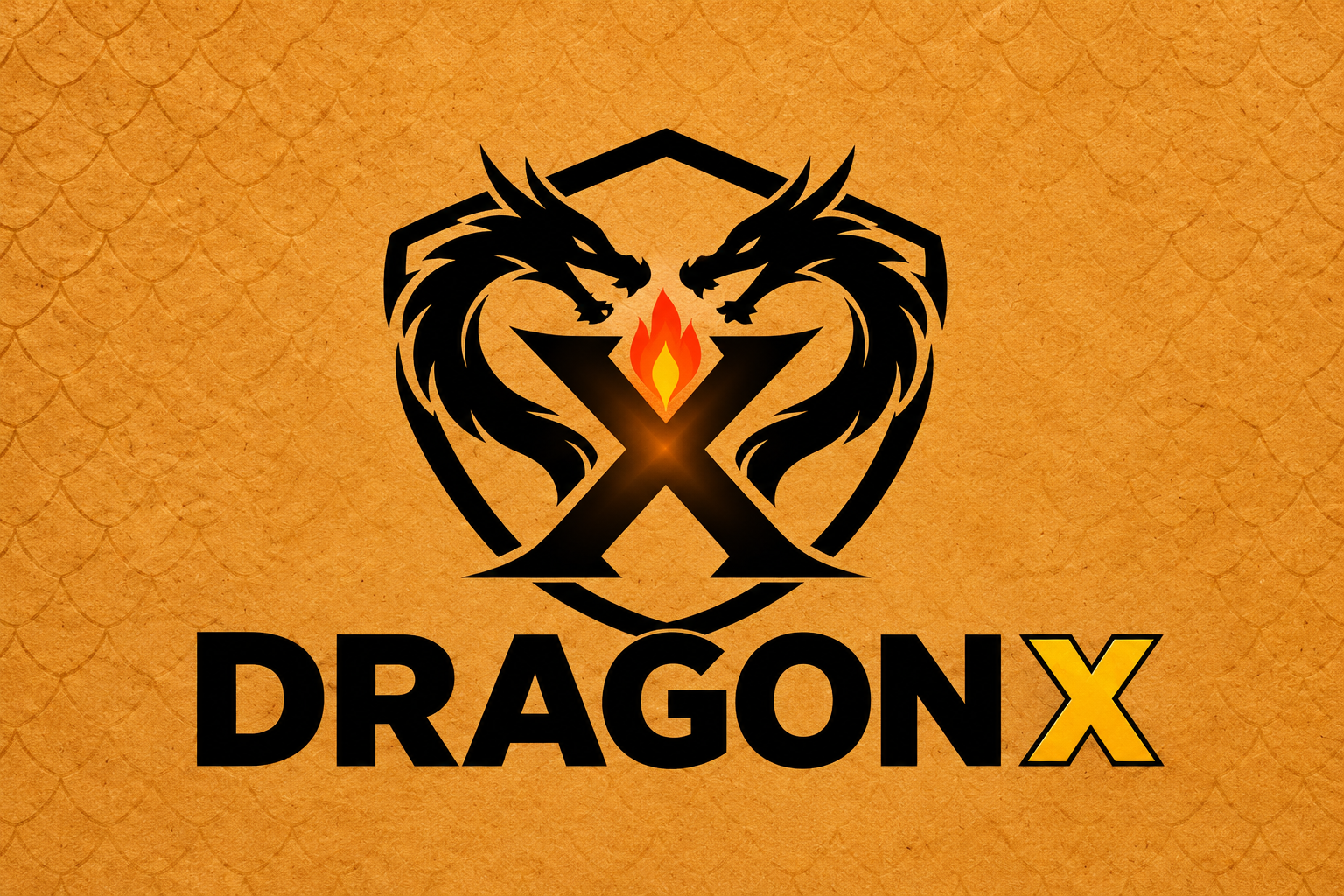 Dragon X twin-dragon logo on a gold textured plate